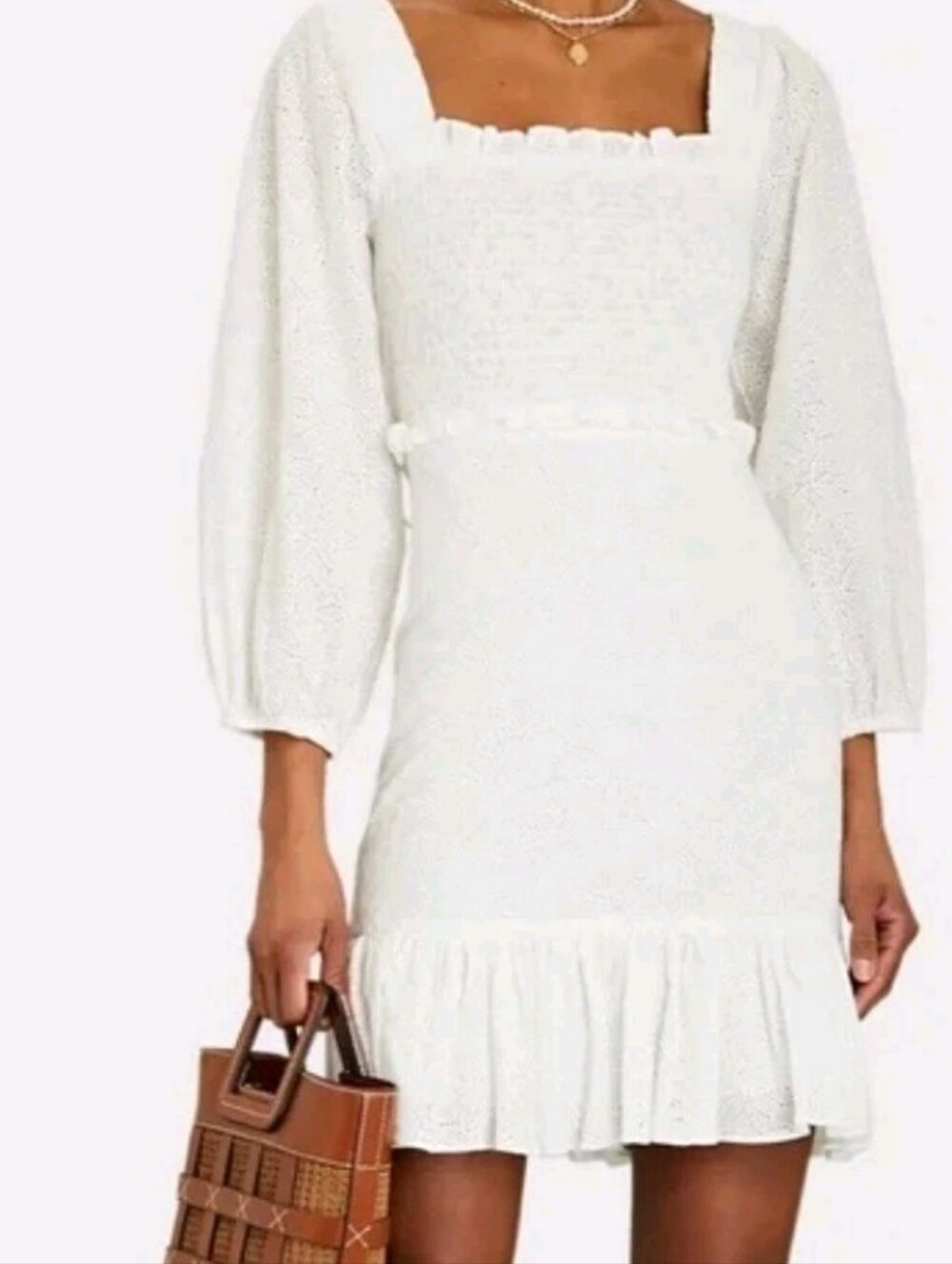 Veronica Beard Ivory Smocked Square-Neck Mini Dress with Ruffle Hem
